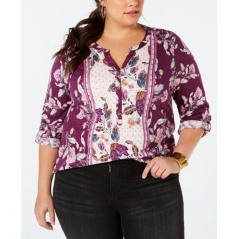 Style & Co. Women's Retro Floral Henley Blouse Purple 1X